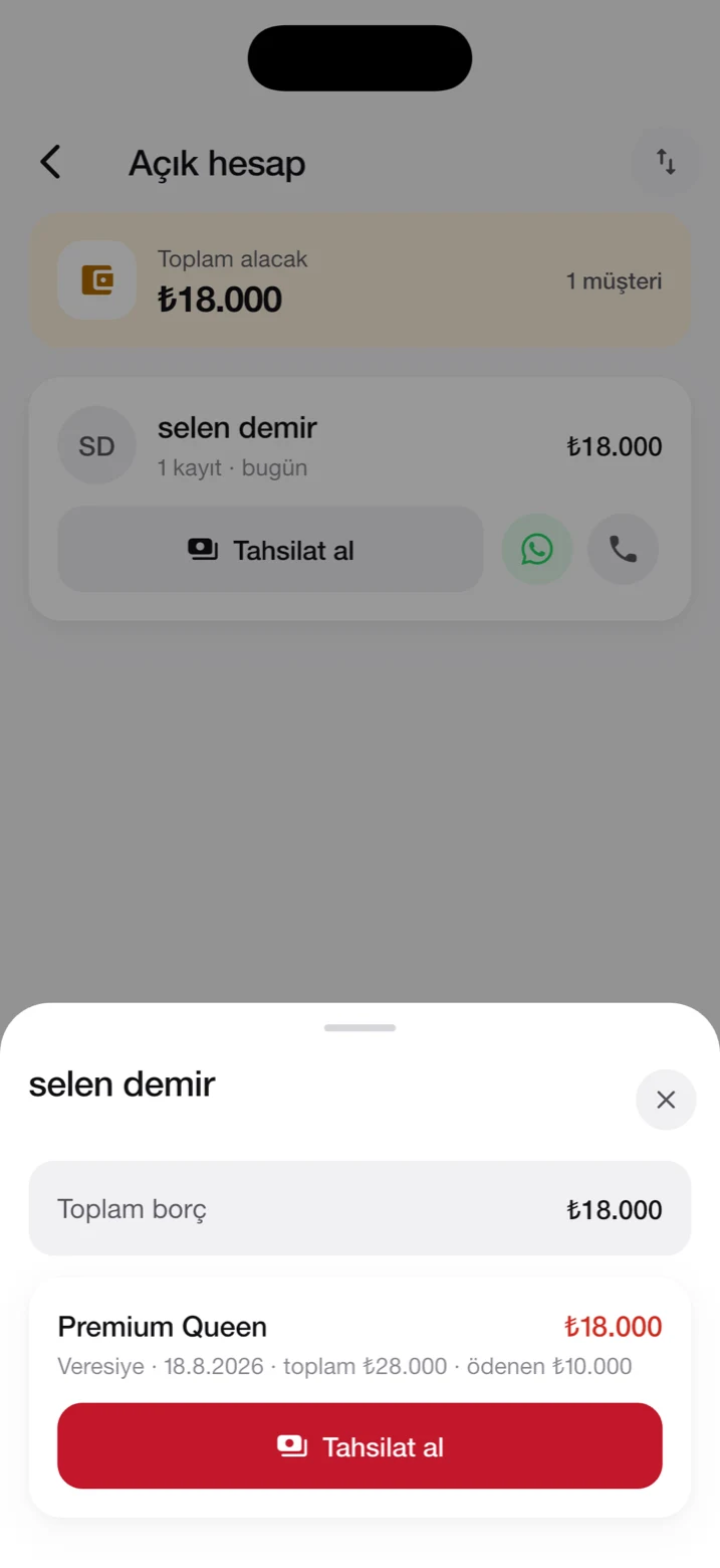 Açık hesap ekranı: müşteri bazında kalan tutar ve tahsilat