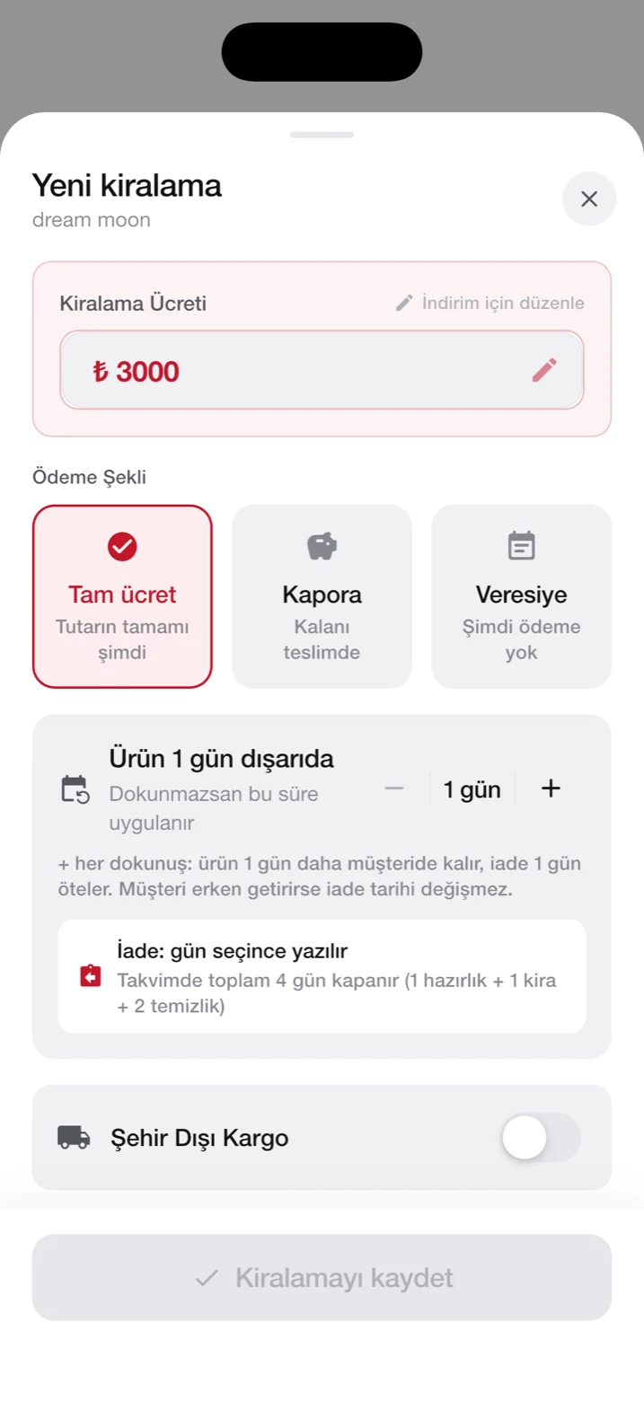Yeni kiralama ekranı: ücret, ödeme şekli ve süre